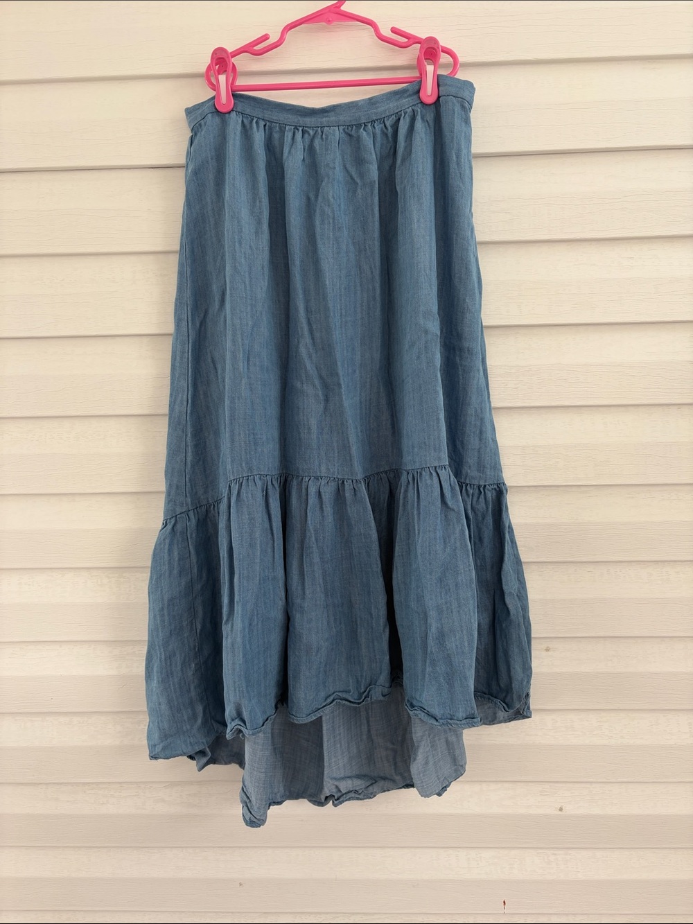 100% Linen Blue Tiered High Low Midi Maxi Skirt M Boho Coastal